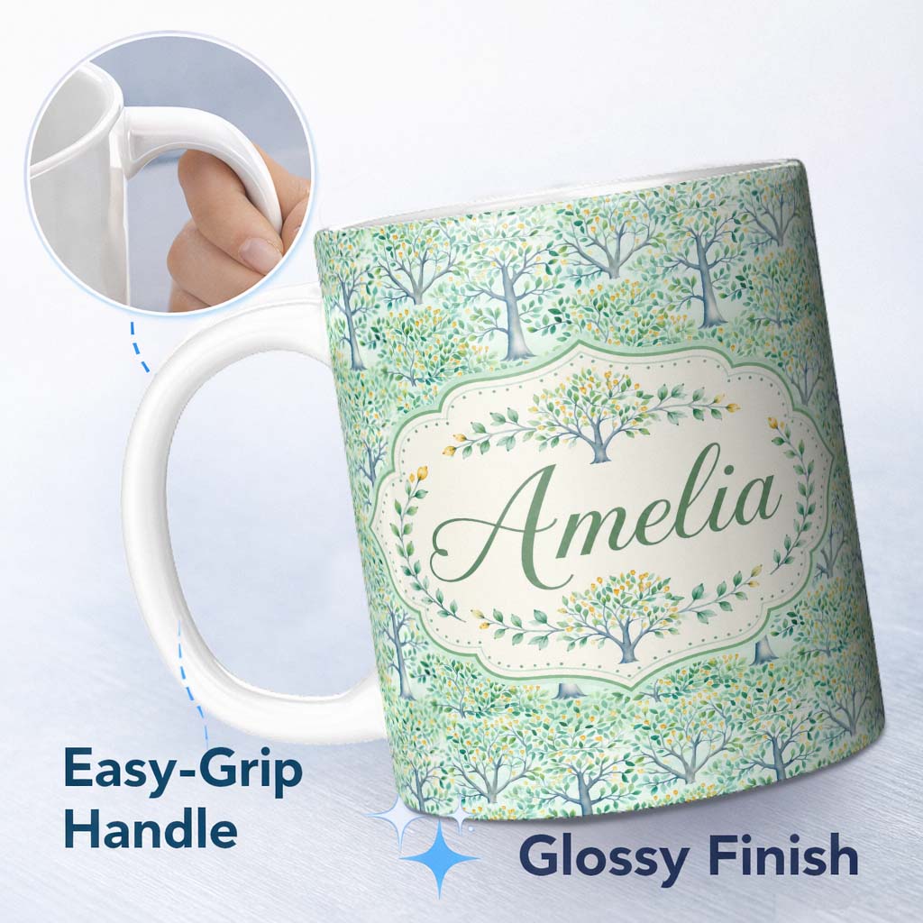 Personalized Custom Name Soft Blue Green Stylised Trees with Delicate Leaves Seamless Pattern 11oz Ceramic Coffee Tea Mug White Large Handle