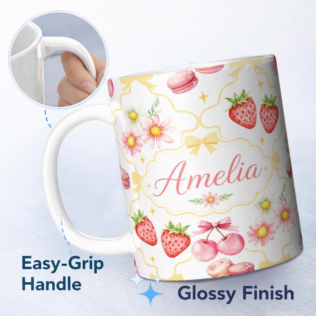 Personalized Custom Name Strawberry Cherry Daisy Floral Bow Sweet Dessert Yellow Outline 11oz Ceramic Coffee Tea Mug White Large Handle