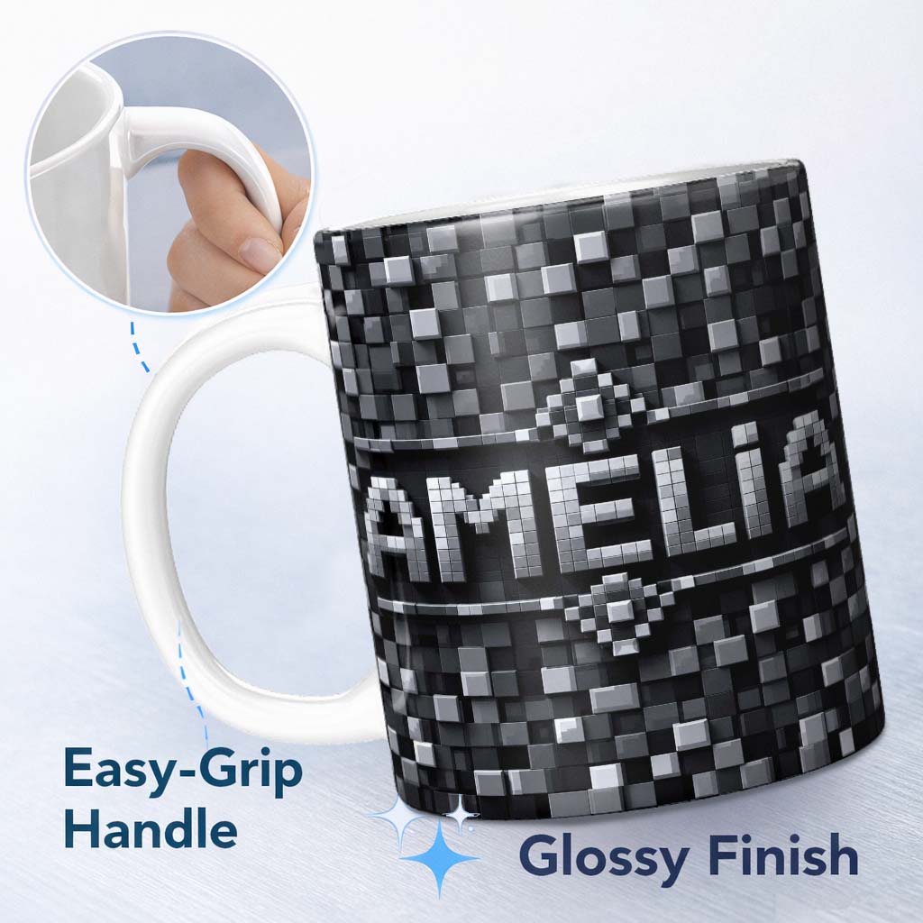 Personalized Custom Name Monochrome Grey Pixel Block Abstract Seamless Pattern Lovely 11oz Ceramic Coffee Tea Mug White Large Handle