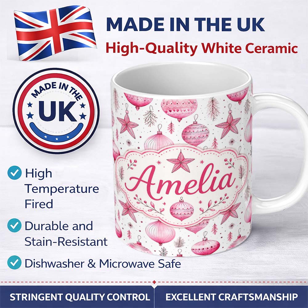 Personalized Custom Name Watercolor Pink Baubles Star Ornament Seamless Pattern Lovely 11oz Ceramic Coffee Tea Mug White Large Handle