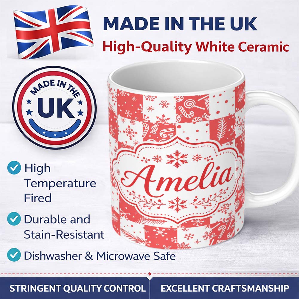 Personalized Custom Name Red White Patchwork Christmas Candy Snowflake Seamless Pattern 11oz Ceramic Coffee Tea Mug White Large Handle
