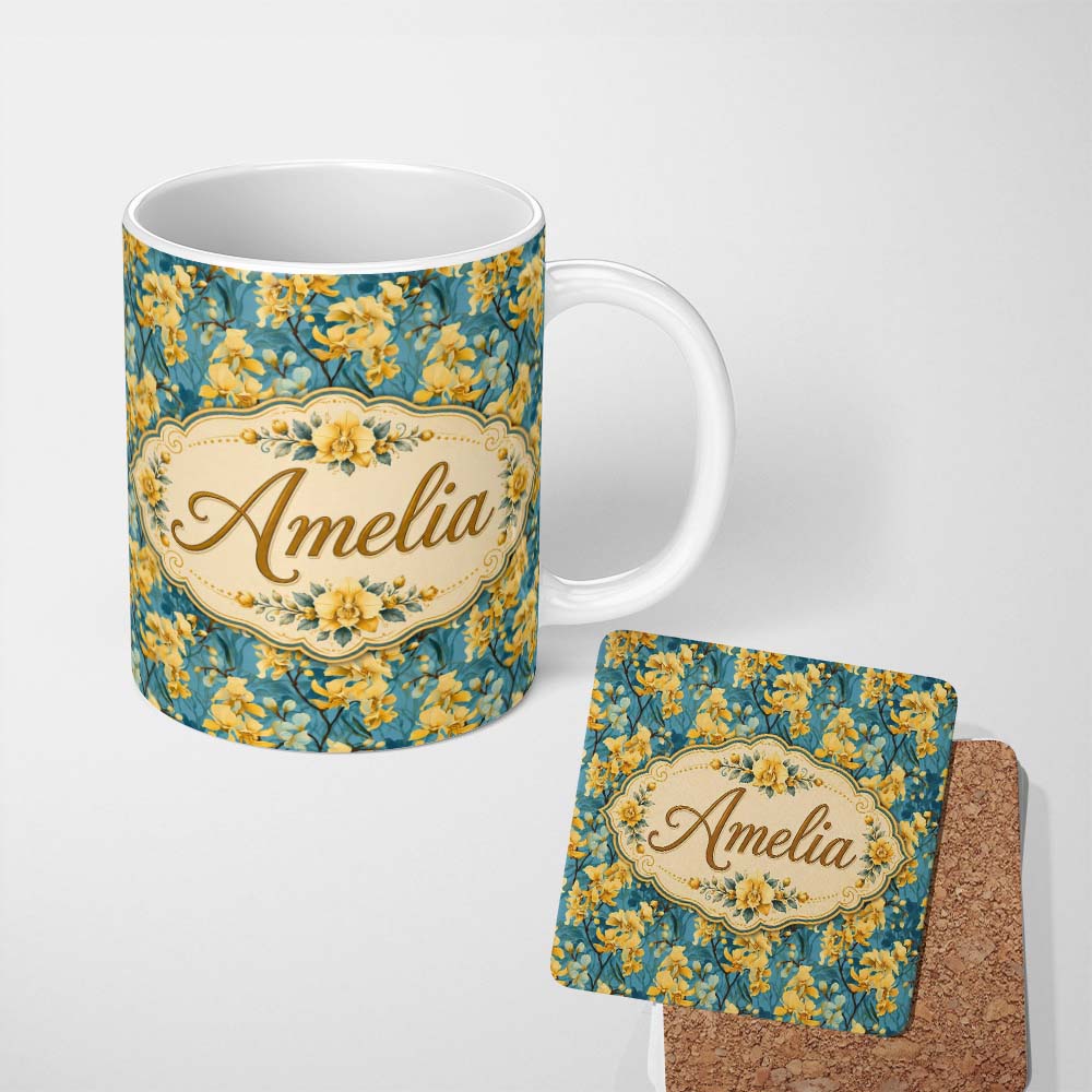 Personalized Custom Name Golden Orchid Bloom on Teal Background Elegant Floral Pattern Lovely 11oz Ceramic Coffee Tea Mug White Large Handle