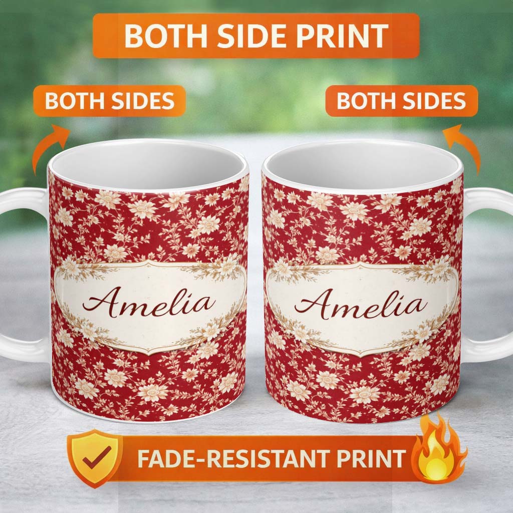 Personalized Custom Name Classic Red and Cream Floral Seamless Pattern Stylish Everyday Mug 11oz Ceramic Coffee Tea Mug White Large Handle
