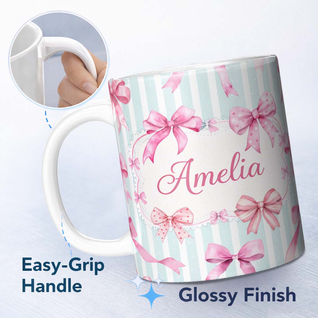 Personalized Custom Name Watercolor Pink Ribbon Bow Seamless Pattern with Soft Blue Stripes 11oz Ceramic Coffee Tea Mug White Large Handle