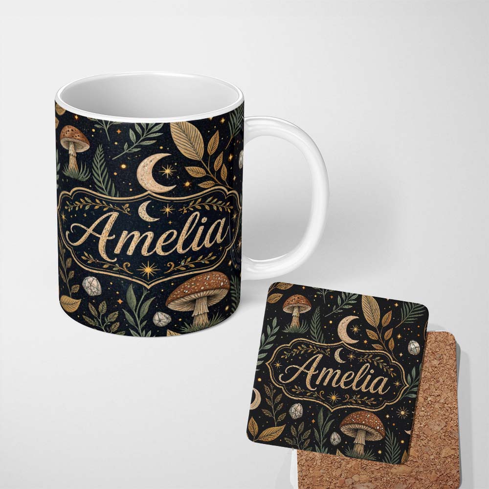 Personalized Custom Name Celestial Candle Moon Stars Mystic Night Seamless Pattern Lovely 11oz Ceramic Coffee Tea Mug White Large Handle