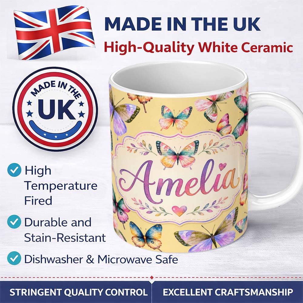 Personalized Custom Name Colorful Watercolor Butterflies on Soft Yellow Background Seamless 11oz Ceramic Coffee Tea Mug White Large Handle