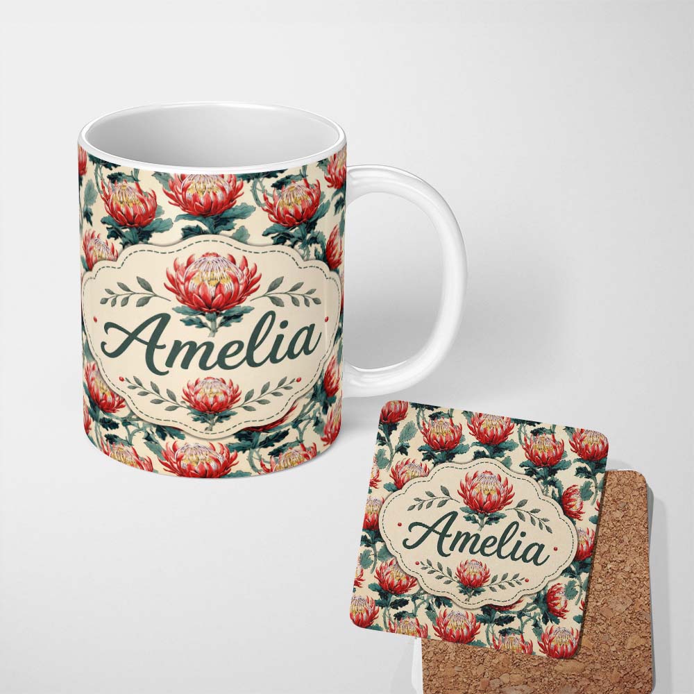 Personalized Custom Name Bold Red Protea Botanical Floral Seamless Pattern Cute Unique Gift 11oz Ceramic Coffee Tea Mug White Large Handle