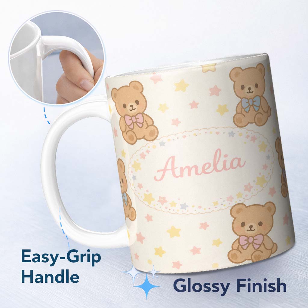 Personalized Custom Name Cute Teddy Bear Bow Cartoon Animal Pattern Beautiful Coffee Cup 11oz Ceramic Coffee Tea Mug White Large Handle