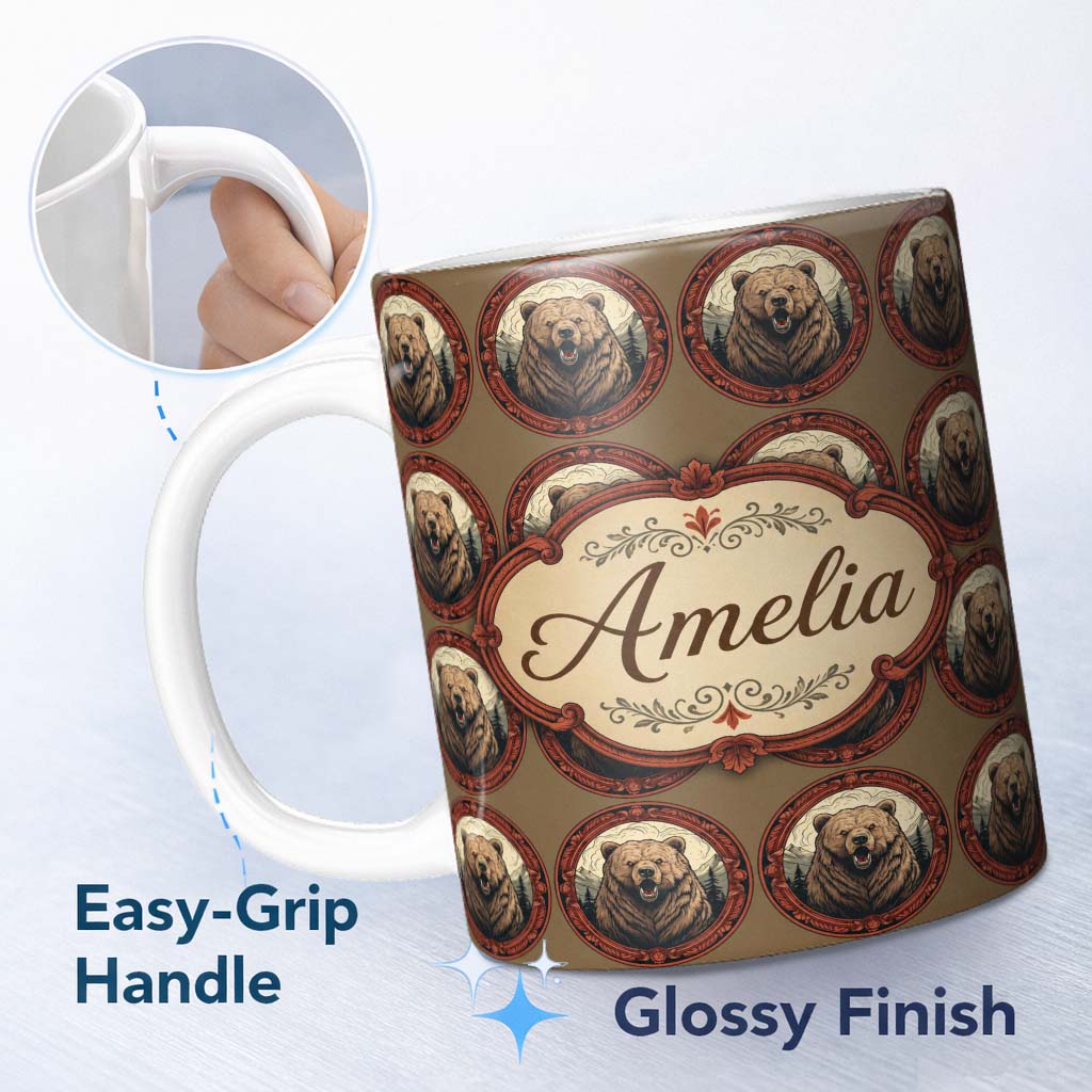 Personalized Custom Name Majestic Bear Portrait in Ornate Frame Seamless Pattern Lovely 11oz Ceramic Coffee Tea Mug White Large Handle
