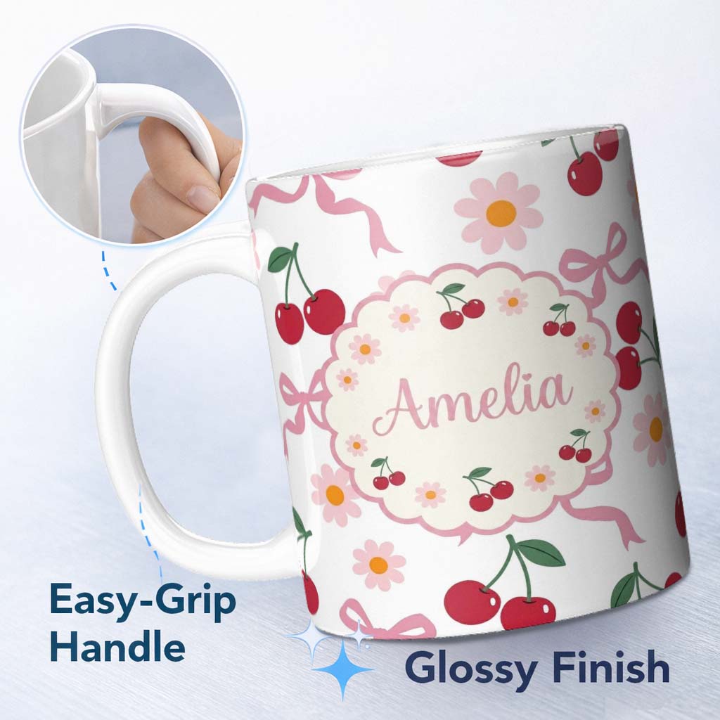 Personalized Custom Name Cute Cherry and Daisy Flowers with Pink Ribbon Bows Light Grey 11oz Ceramic Coffee Tea Mug White Large Handle