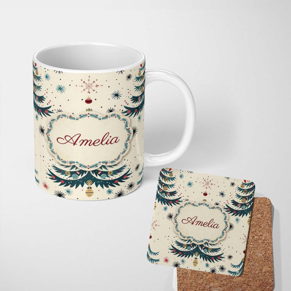 Personalized Custom Name Mid Century Christmas Tree Abstract Stars Seamless Pattern Lovely 11oz Ceramic Coffee Tea Mug White Large Handle