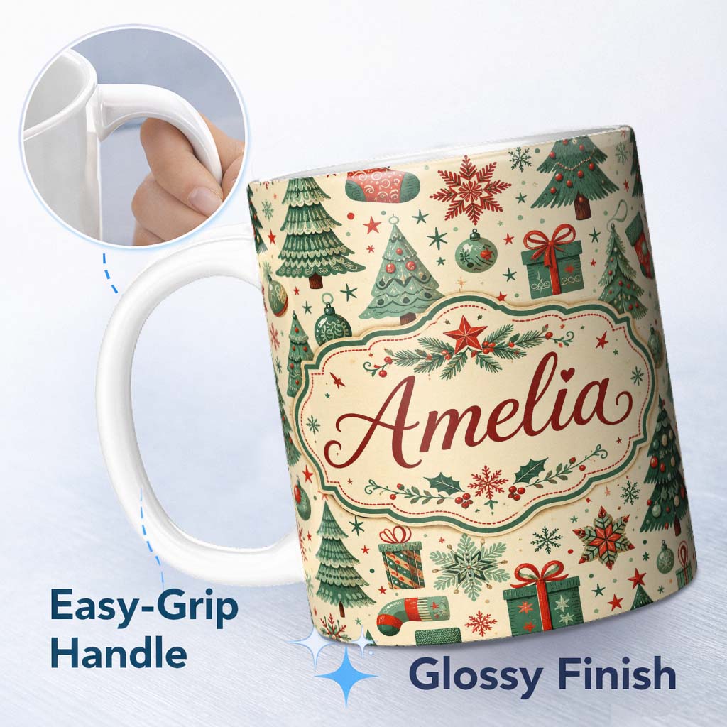 Personalized Custom Name Christmas Trees Snowflakes Ornaments Festive Holiday Winter Design 11oz Ceramic Coffee Tea Mug White Large Handle