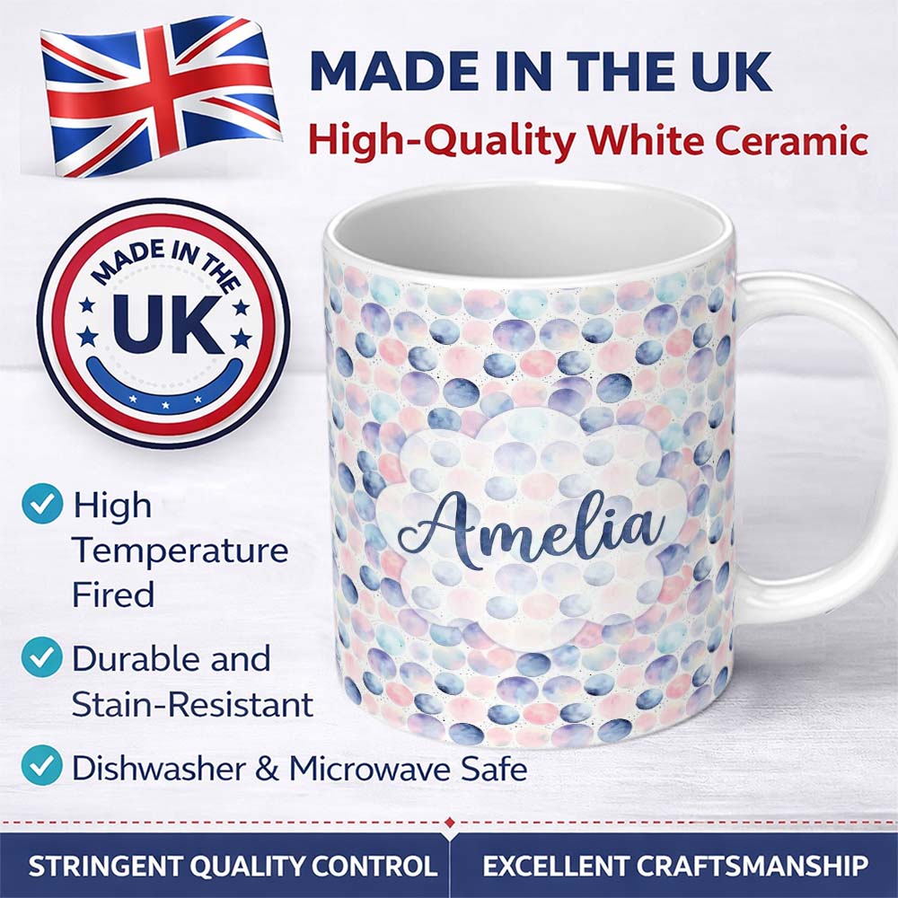 Personalized Custom Name Pastel Watercolor Polka Dot Circles Seamless Pattern Lovely 11oz Ceramic Coffee Tea Mug White Large Handle