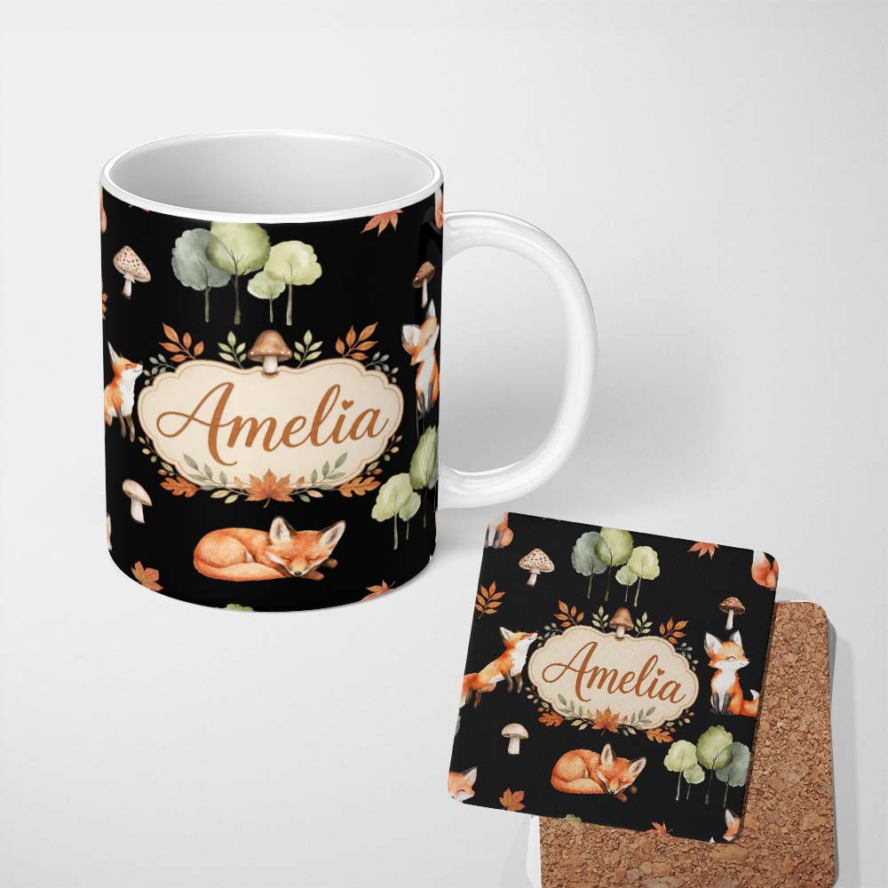 Personalized Custom Name Cute Forest Fox Autumn Leaves Trees Mushrooms Woodland Animals 11oz Ceramic Coffee Tea Mug White Large Handle