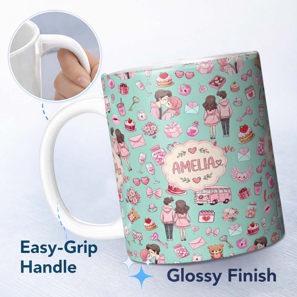 Personalized Custom Name Cute Love Couple Gifts Cakes Teddy Bear Pattern Mint Green Lovely 11oz Ceramic Coffee Tea Mug White Large Handle
