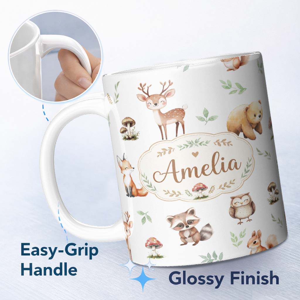 Personalized Custom Name Woodland Deer Bear Fox Owl Raccoon Leaves Mushrooms Light Grey 11oz Ceramic Coffee Tea Mug White Large Handle