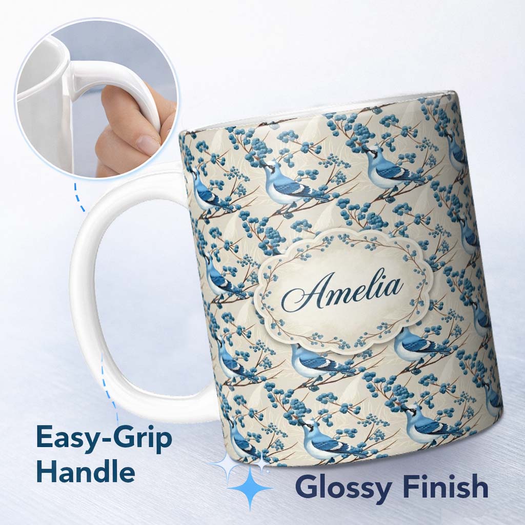 Personalized Custom Name Blue Jay Bird on Branch with Berries Neutral Botanical Seamless 11oz Ceramic Coffee Tea Mug White Large Handle
