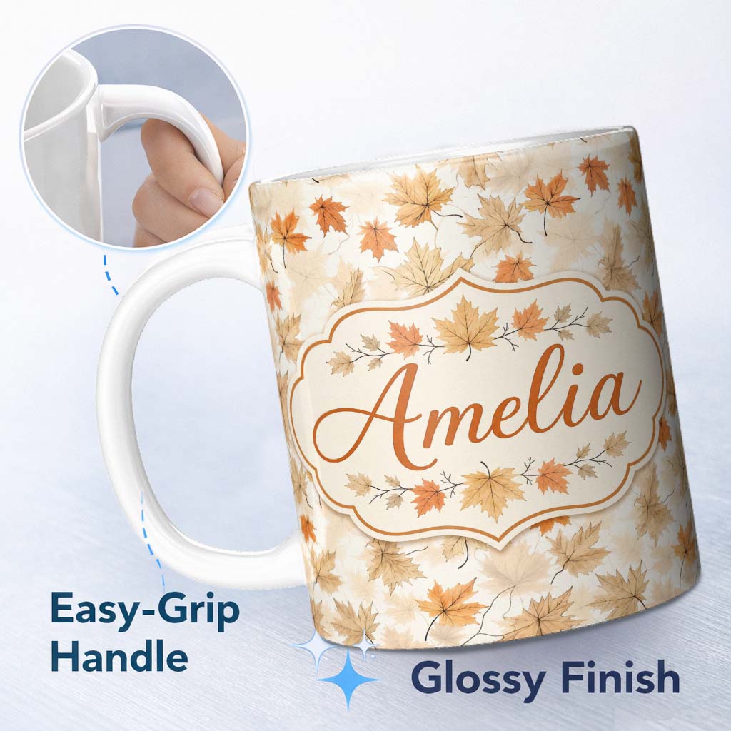 Personalized Custom Name Neutral Autumn Maple Leaves in Soft Beige and Orange Tones on Light 11oz Ceramic Coffee Tea Mug White Large Handle