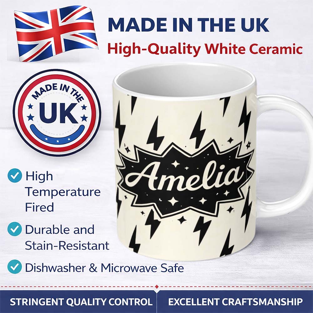 Personalized Custom Name Minimal Lightning Bolt Black Cream Modern Graphic Pattern Lovely 11oz Ceramic Coffee Tea Mug White Large Handle