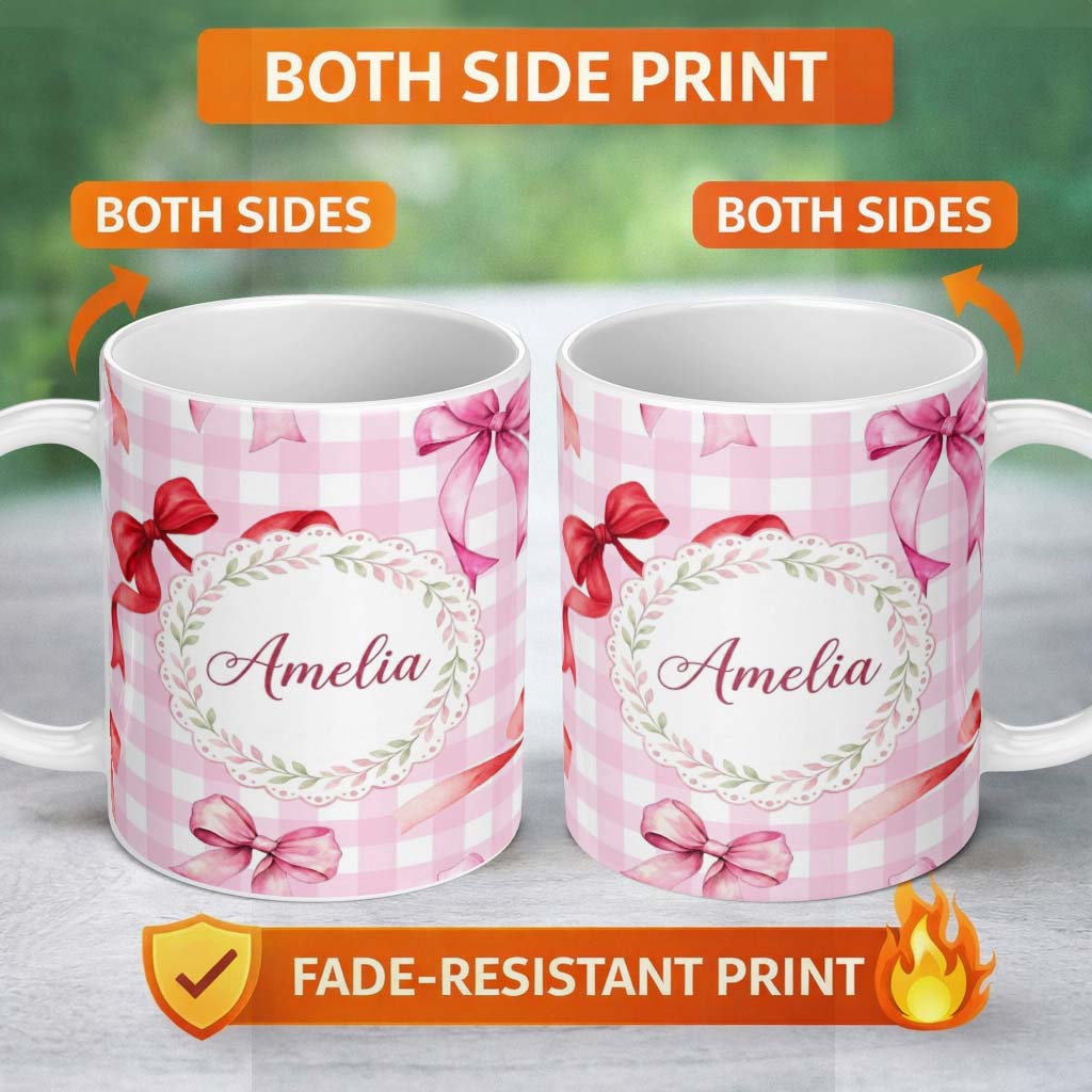 Personalized Custom Name Watercolor Red and Pink Ribbon Bows Pink Gingham Check Background 11oz Ceramic Coffee Tea Mug White Large Handle