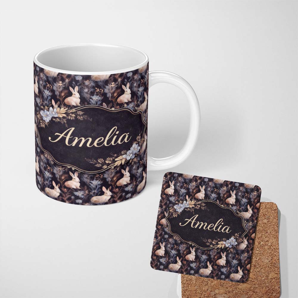 Personalized Custom Name Dark Floral Woodland Rabbit Seamless Pattern Perfect Gift for Her 11oz Ceramic Coffee Tea Mug White Large Handle