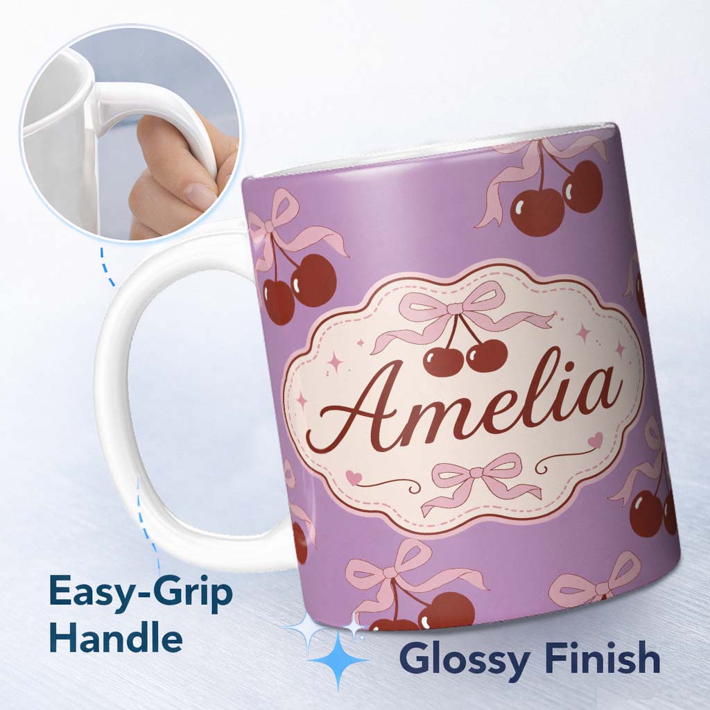 Personalized Custom Name Cherry Bow Ribbon Cute Lavender Pastel Background Seamless Pattern 11oz Ceramic Coffee Tea Mug White Large Handle