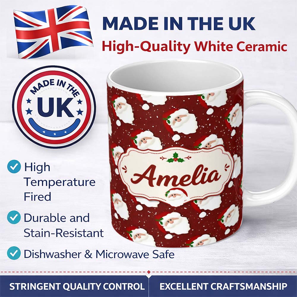 Personalized Custom Name Cute Santa Face Red Snow Background Christmas Seamless Pattern 11oz Ceramic Coffee Tea Mug White Large Handle