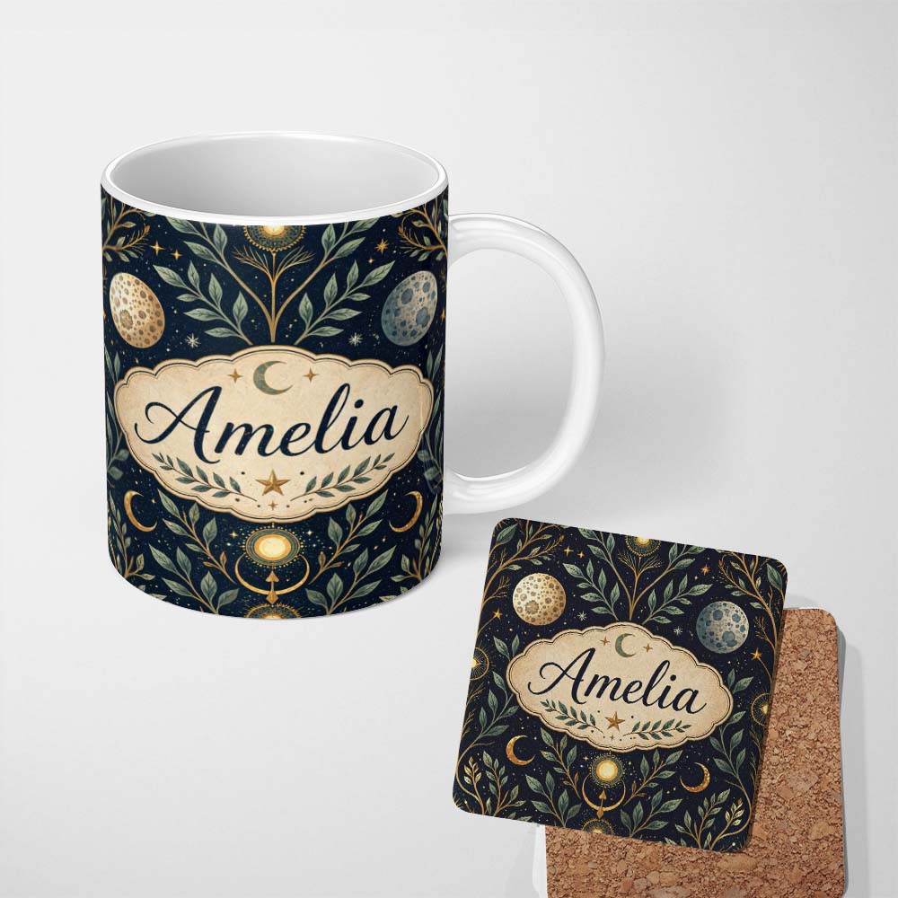 Personalized Custom Name Celestial Botanical Moon Phases Sacred Night Seamless Pattern Lovely 11oz Ceramic Coffee Tea Mug White Large Handle