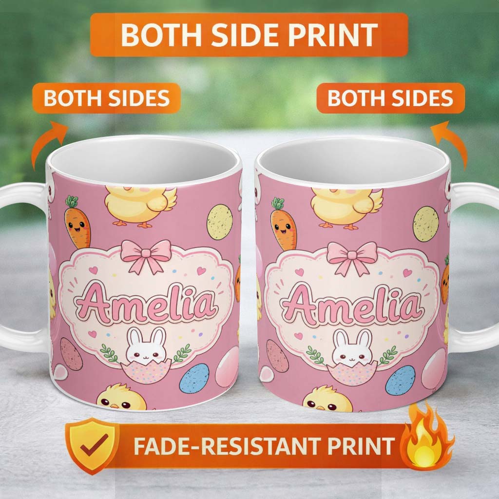 Personalized Custom Name Cute Easter Bunny Chick Eggs Carrot Cute Seamless Pattern Pink 11oz Ceramic Coffee Tea Mug White Large Handle