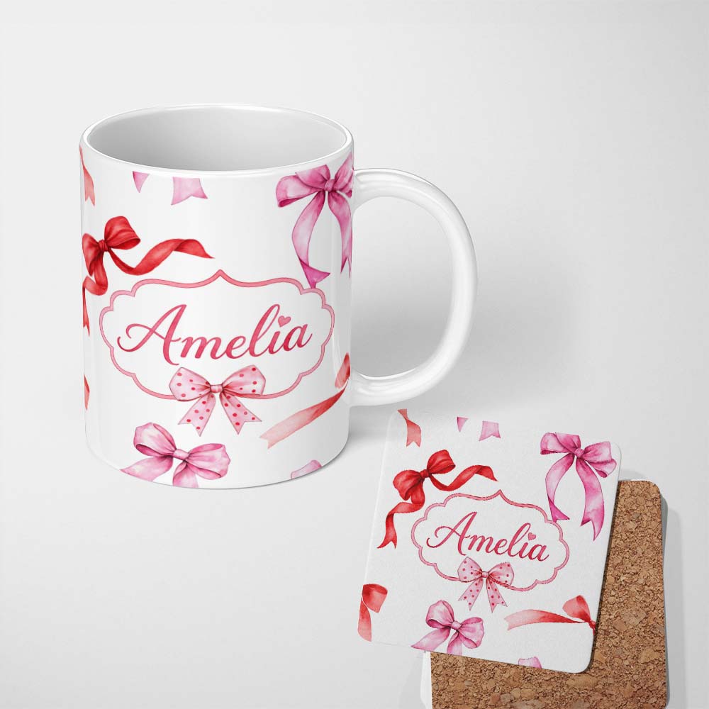 Personalized Custom Name Watercolor Ribbon Bow Seamless Pattern on Light Grey Background 11oz Ceramic Coffee Tea Mug White Large Handle