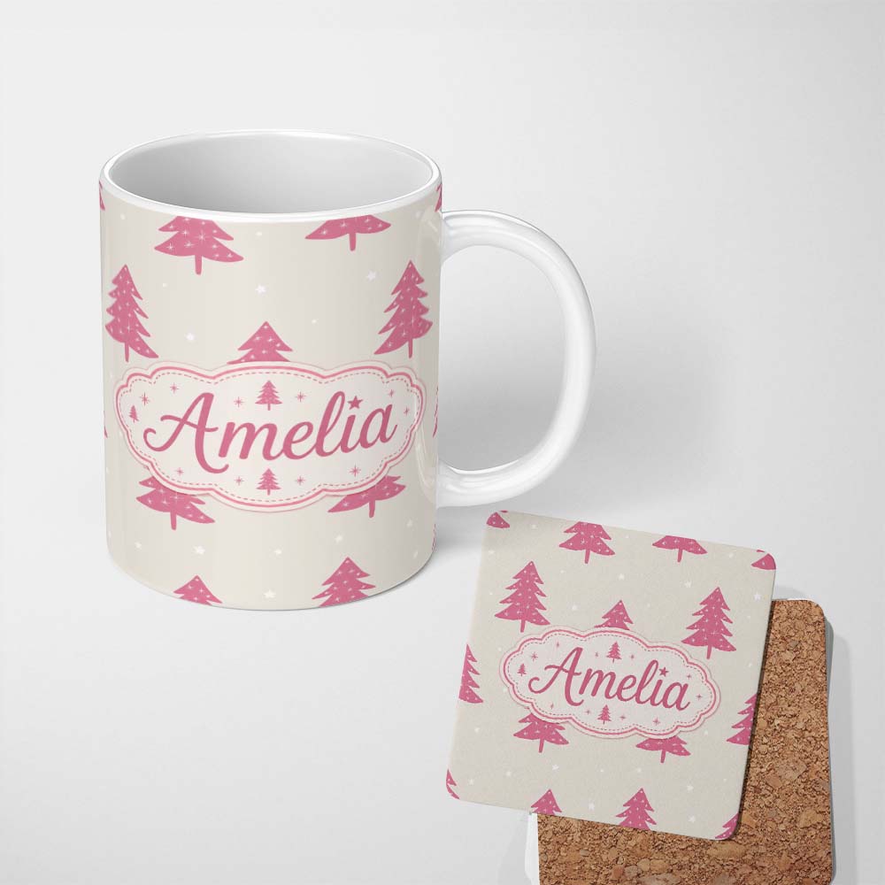 Personalized Custom Name Minimal Pink Christmas Trees Snowflakes Seamless Pattern Lovely 11oz Ceramic Coffee Tea Mug White Large Handle