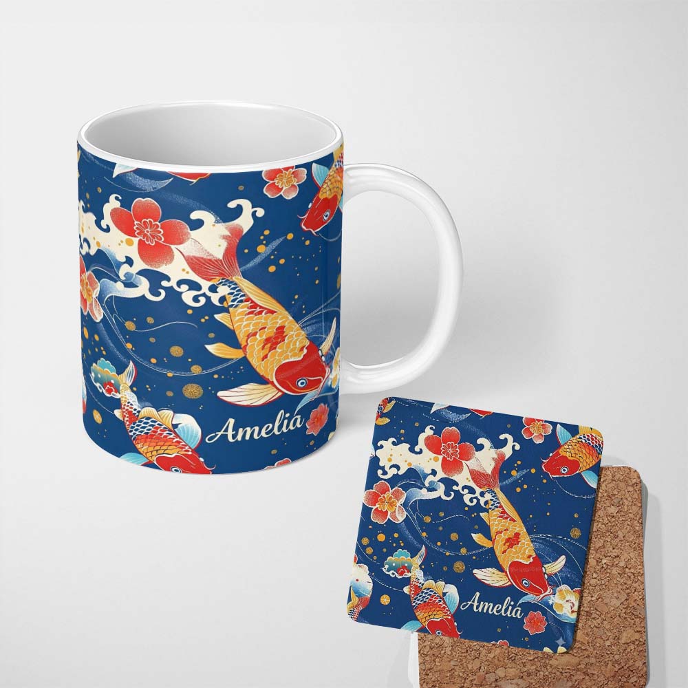 Personalized Custom Name Elegant Japanese Koi Fish with Cherry Blossom Waves Traditional 11oz Ceramic Coffee Tea Mug White Large Handle