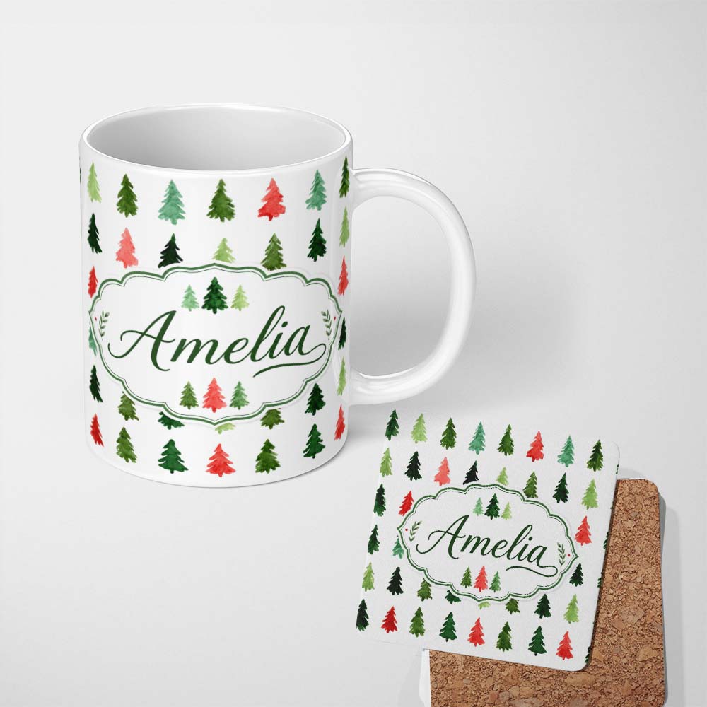 Personalized Custom Name Watercolor Christmas Tree Pattern Green and Red Festive Seamless 11oz Ceramic Coffee Tea Mug White Large Handle