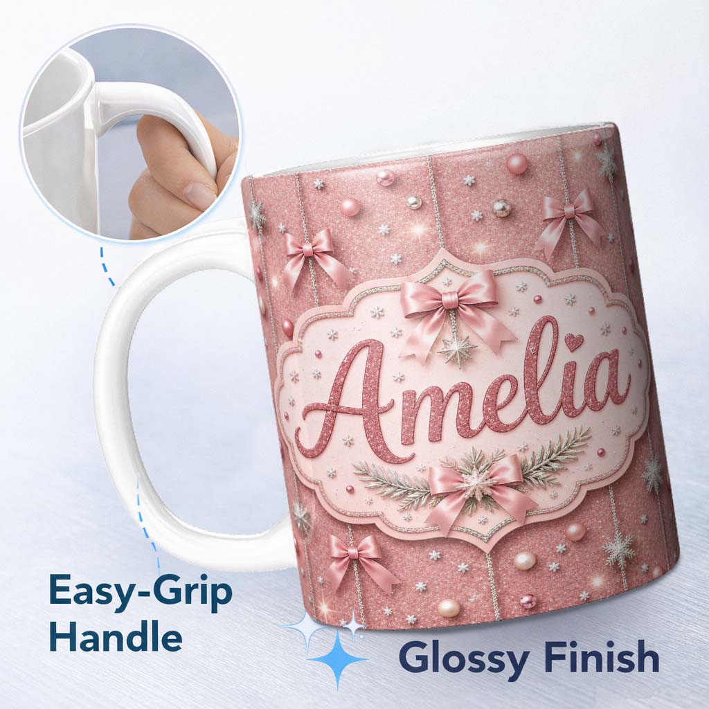 Personalized Custom Name Elegant Pink Christmas Bows Glitter Sparkle Seamless Pattern Lovely 11oz Ceramic Coffee Tea Mug White Large Handle
