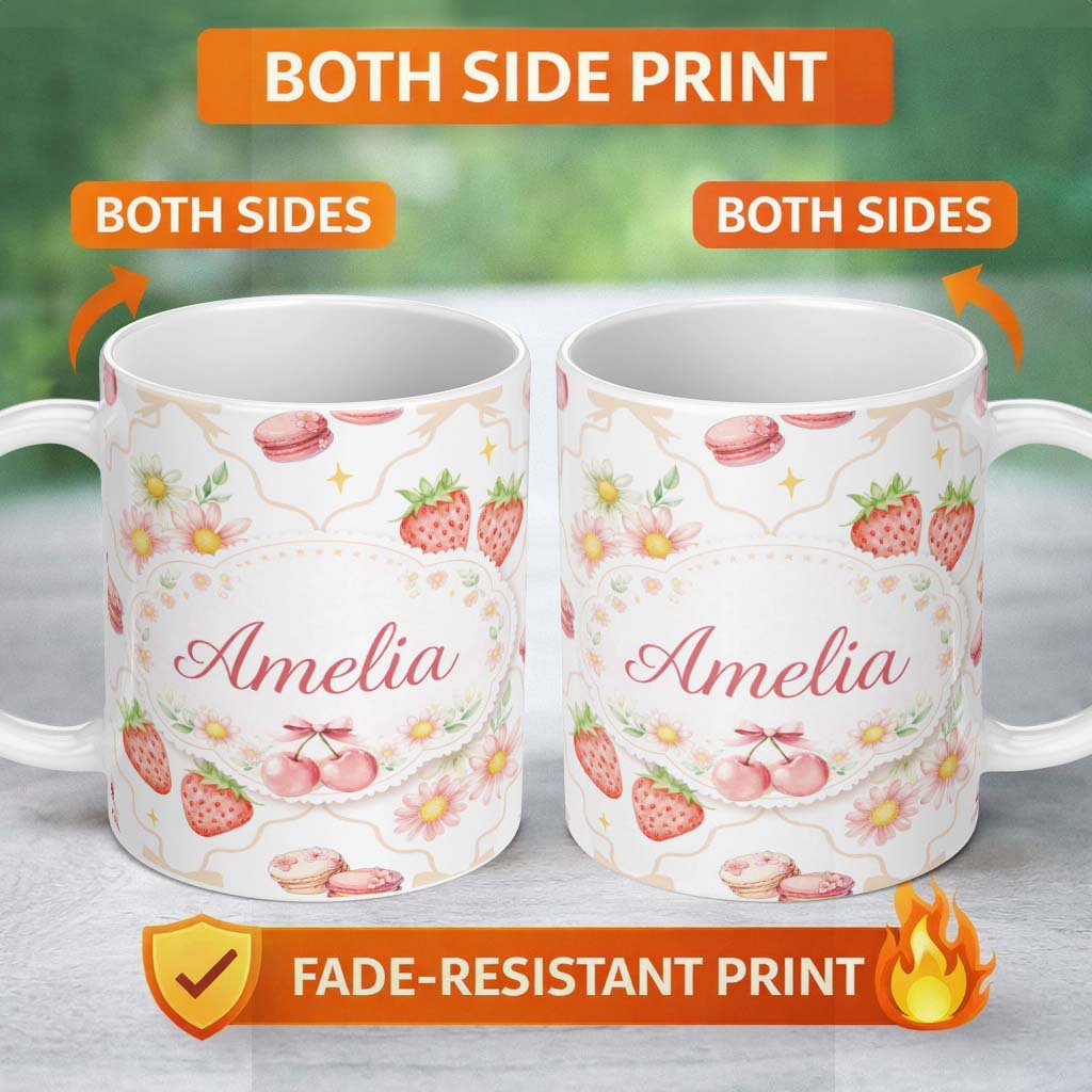 Personalized Custom Name Strawberry Cherry Daisy White Beige Outline Cute Coquette Floral 11oz Ceramic Coffee Tea Mug White Large Handle