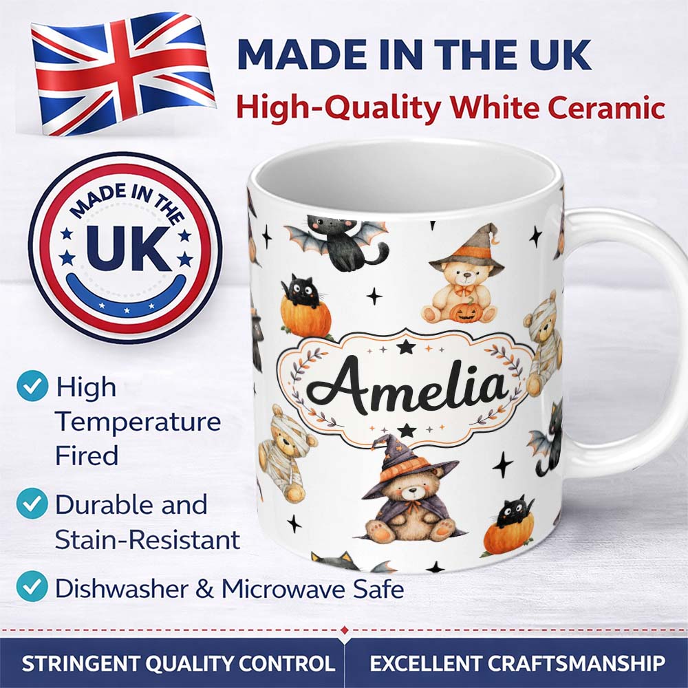 Personalized Custom Name Cute Halloween Teddy Bears Bats Pumpkin UK Seamless Pattern Name 11oz Ceramic Coffee Tea Mug White Large Handle