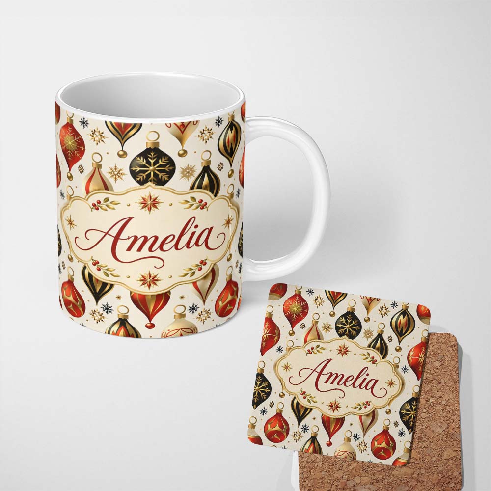 Personalized Custom Name Luxury Christmas Gold Red Bauble Ornament Elegant Seamless Pattern 11oz Ceramic Coffee Tea Mug White Large Handle