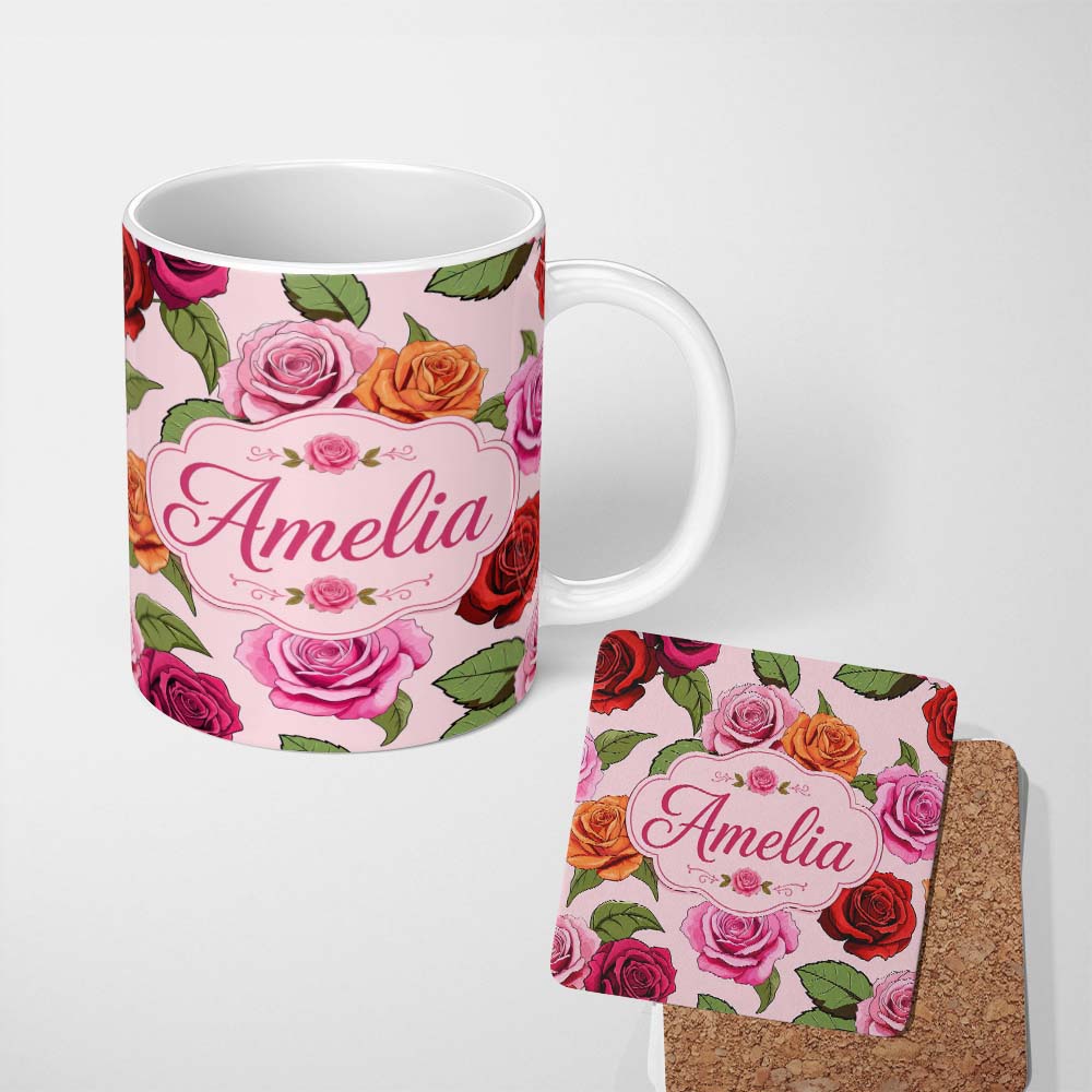 Personalized Custom Name Colorful Roses on Blush Pink Background Seamless Floral Pattern 11oz Ceramic Coffee Tea Mug White Large Handle