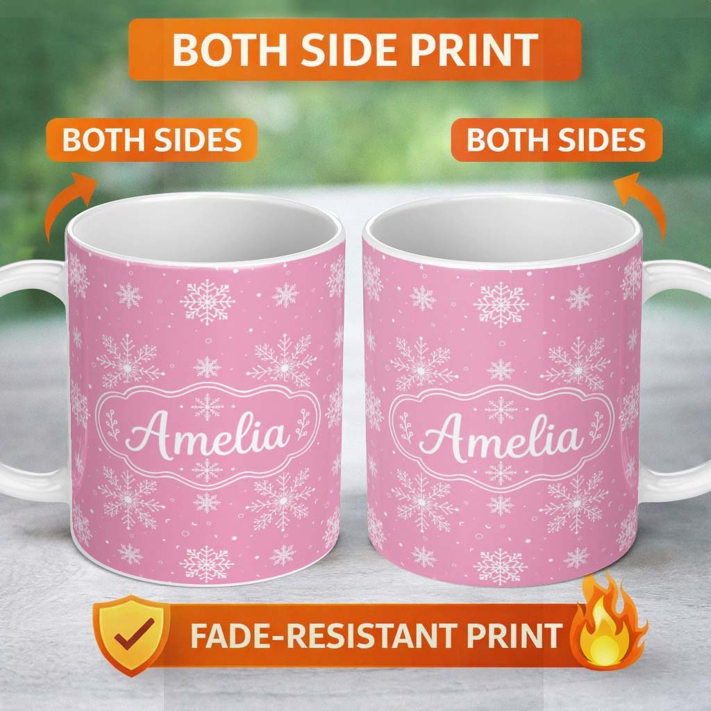 Personalized Custom Name Cute Pink Snowflakes Minimal Winter Seamless Pattern Lovely 11oz Ceramic Coffee Tea Mug White Large Handle