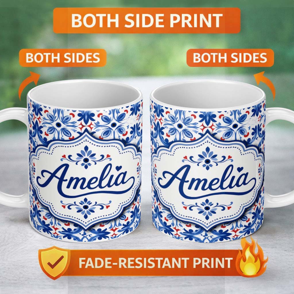Personalized Custom Name Classic Blue Floral Portuguese Tile Pattern with Red Accents on 11oz Ceramic Coffee Tea Mug White Large Handle