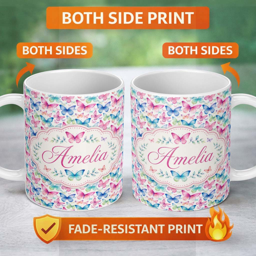 Personalized Custom Name Pastel Gradient Butterflies in Soft Pink and Blue Seamless Pattern 11oz Ceramic Coffee Tea Mug White Large Handle
