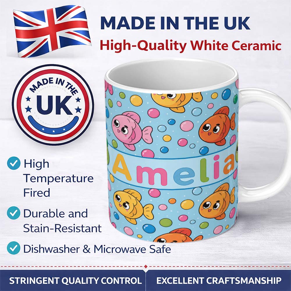 Personalized Custom Name Cute Colorful Fish Bubbles Underwater Kawaii Seamless Pattern Lovely 11oz Ceramic Coffee Tea Mug White Large Handle