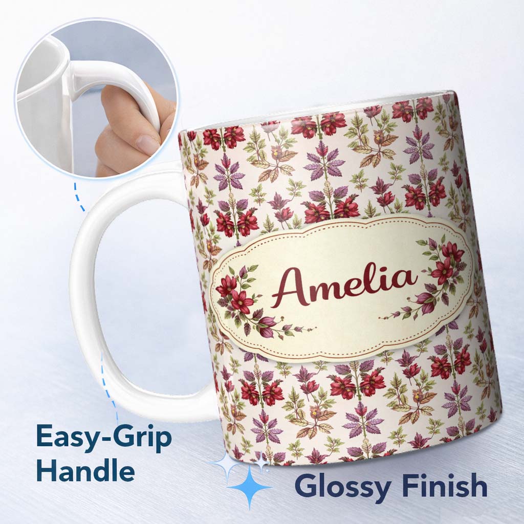 Personalized Custom Name Cross Stitch Style Leaf Motif Seamless Pattern Thoughtful Gift Idea 11oz Ceramic Coffee Tea Mug White Large Handle