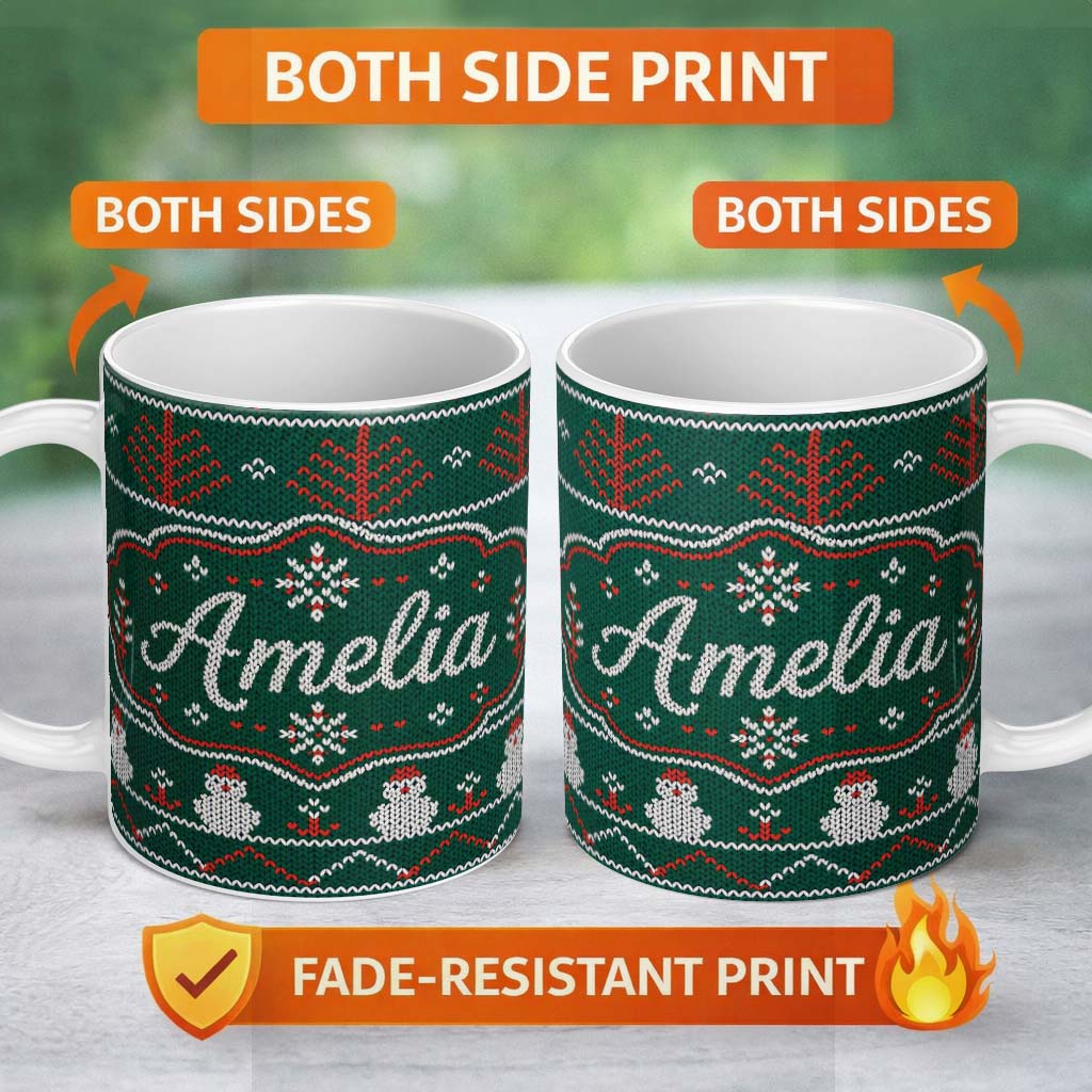 Personalized Custom Name Nordic Knit Alpaca Llama Pattern Green Red White Festive Sweater 11oz Ceramic Coffee Tea Mug White Large Handle