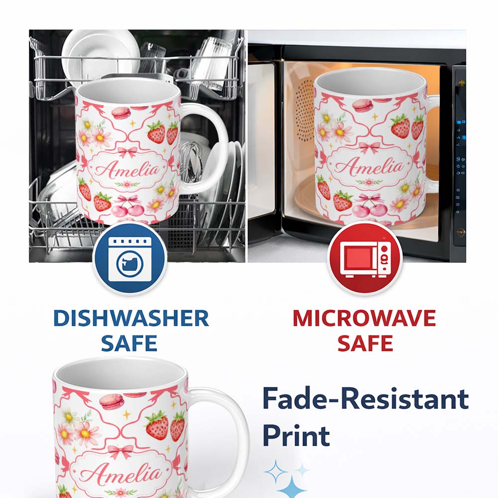 Personalized Custom Name Strawberry Cherry Daisy Floral Bow Sweet Dessert Coral Red Outline 11oz Ceramic Coffee Tea Mug White Large Handle