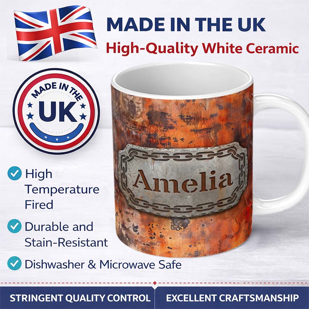 Personalized Custom Name Weathered Rust Surface with Crack Detail Grunge Seamless Pattern 11oz Ceramic Coffee Tea Mug White Large Handle