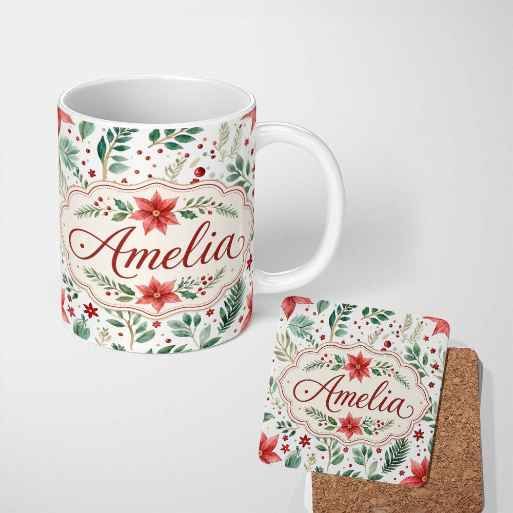 Personalized Custom Name Delicate Christmas Poinsettia Leaves Botanical Watercolor Seamless 11oz Ceramic Coffee Tea Mug White Large Handle