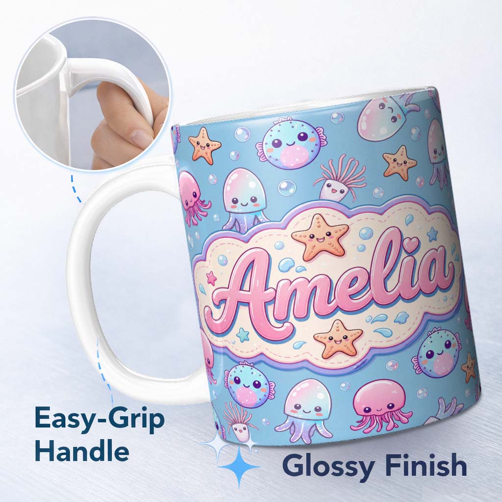 Personalized Custom Name Kawaii Jellyfish Puffer Fish Starfish Pastel Ocean Creatures Blue 11oz Ceramic Coffee Tea Mug White Large Handle