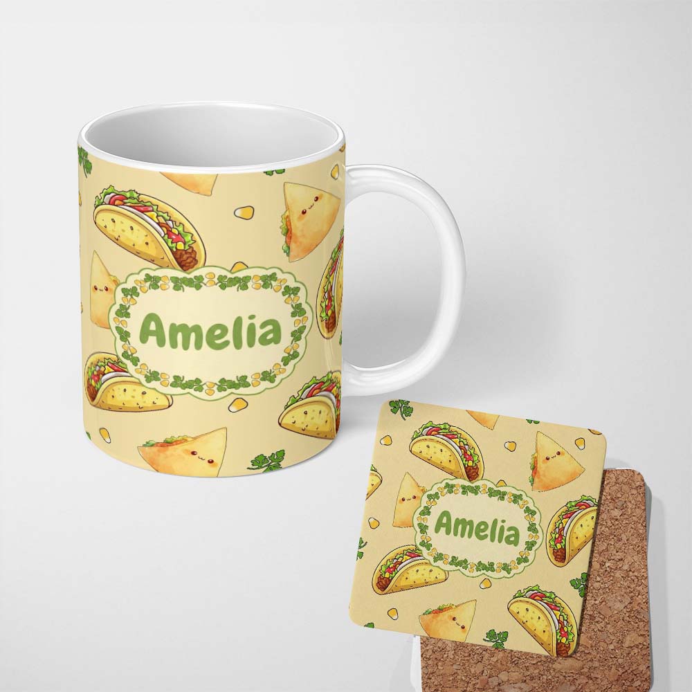 Personalized Custom Name Cute Kawaii Tacos and Wraps Seamless Pattern Yellow Background 11oz Ceramic Coffee Tea Mug White Large Handle