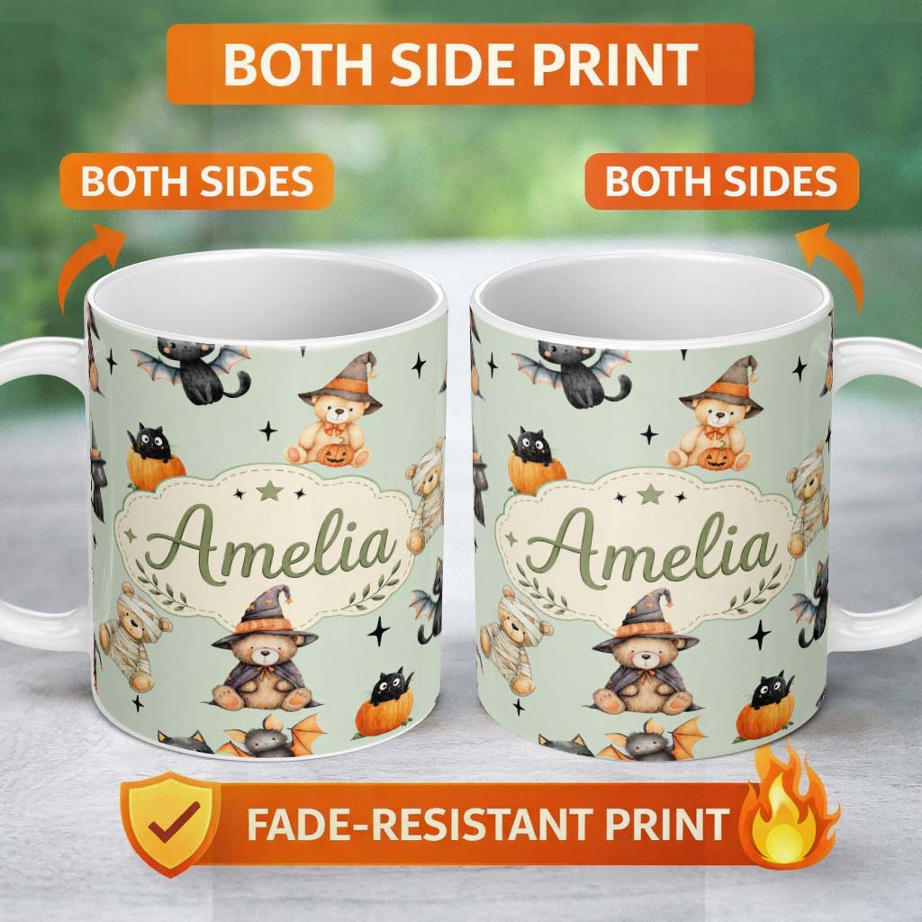 Personalized Custom Name Cute Halloween Teddy Bears Mummy Witch Cat Pumpkin Stars Sage 11oz Ceramic Coffee Tea Mug White Large Handle